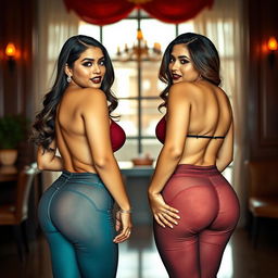 A captivating scene featuring two young, curvy, busty milfs with hourglass figures