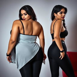 A striking scene featuring two young, curvy, busty milfs with hourglass figures and dominant expressions