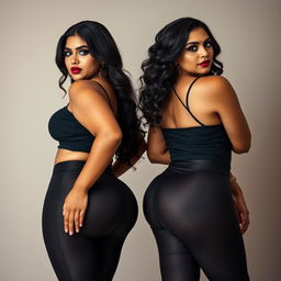 A striking scene featuring two young, curvy, busty milfs with hourglass figures and dominant expressions