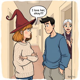 A whimsical illustration featuring a woman in her early thirties with shoulder-length light brown hair, wearing a cozy cable knit sweater and a playful witch’s hat, engaging in conversation with a man in his early thirties who has short black hair and is dressed in a casual blue shirt and sweatpants