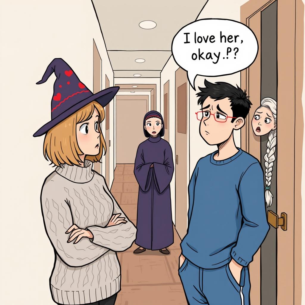 A whimsical illustration featuring a woman in her early thirties with shoulder-length light brown hair, wearing a cozy cable knit sweater and a playful witch’s hat, engaging in conversation with a man in his early thirties who has short black hair and is dressed in a casual blue shirt and sweatpants