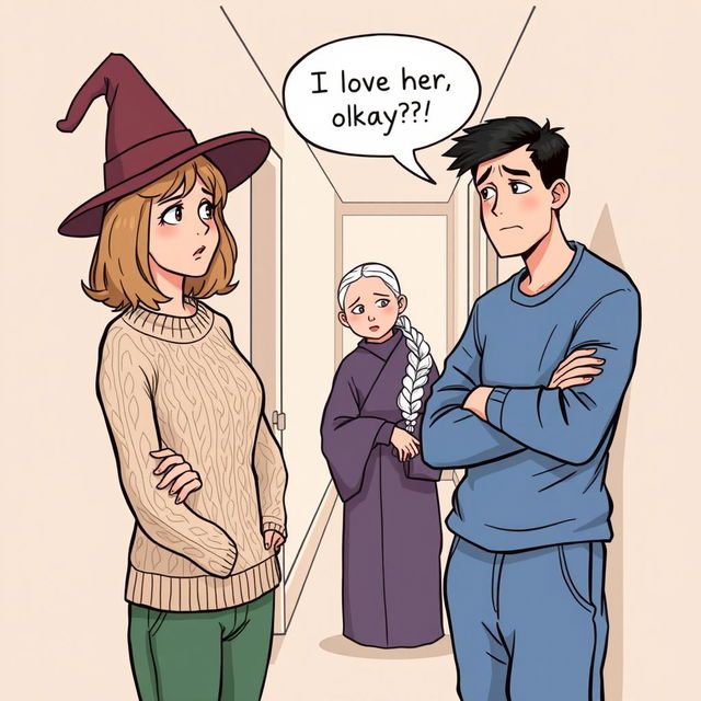 A whimsical illustration featuring a woman in her early thirties with shoulder-length light brown hair, wearing a cozy cable knit sweater and a playful witch’s hat, engaging in conversation with a man in his early thirties who has short black hair and is dressed in a casual blue shirt and sweatpants