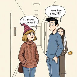 A whimsical illustration featuring a woman in her early thirties with shoulder-length light brown hair, wearing a cozy cable knit sweater and a playful witch’s hat, engaging in conversation with a man in his early thirties who has short black hair and is dressed in a casual blue shirt and sweatpants