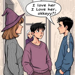 A woman in her early thirties with shoulder length light brown hair, wearing a cozy cable knit sweater and a whimsical witch's hat, engaged in a conversation with a man in his early thirties who has short black hair, dressed in a casual blue shirt and sweatpants, appearing stressed