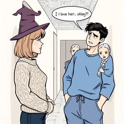 A woman in her early thirties with shoulder length light brown hair, wearing a cozy cable knit sweater and a whimsical witch's hat, engaged in a conversation with a man in his early thirties who has short black hair, dressed in a casual blue shirt and sweatpants, appearing stressed