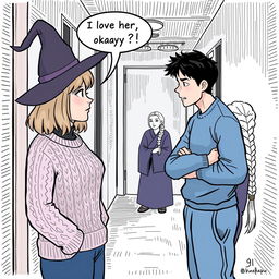 A woman in her early thirties with shoulder length light brown hair, wearing a cozy cable knit sweater and a whimsical witch's hat, engaged in a conversation with a man in his early thirties who has short black hair, dressed in a casual blue shirt and sweatpants, appearing stressed