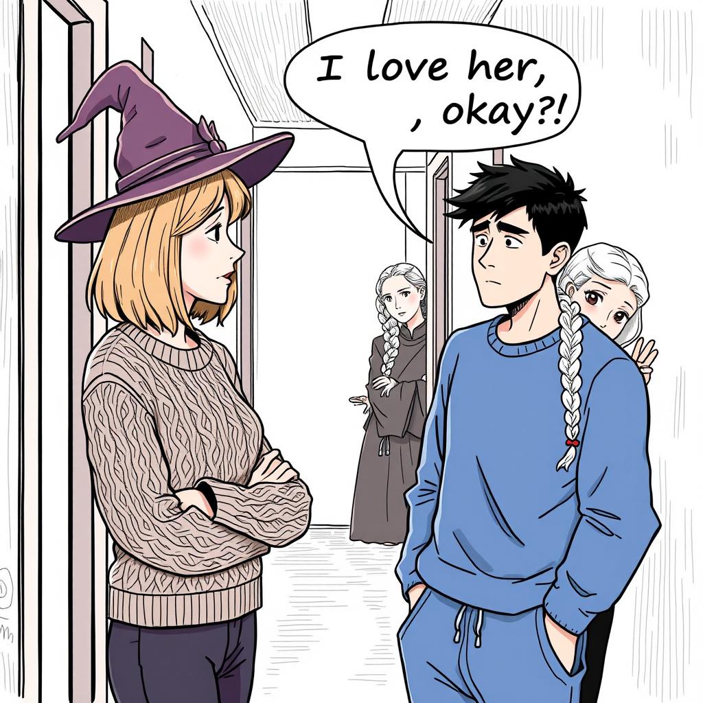 A woman in her early thirties with shoulder length light brown hair, wearing a cozy cable knit sweater and a whimsical witch's hat, engaged in a conversation with a man in his early thirties who has short black hair, dressed in a casual blue shirt and sweatpants, appearing stressed