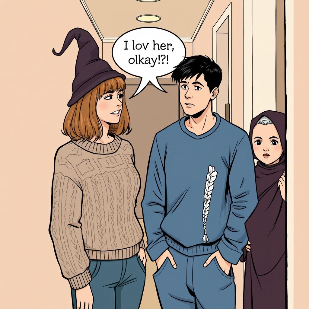 A woman in her early thirties with shoulder-length light brown hair, wearing a cozy cable knit sweater and a whimsical witch's hat, is engaged in a conversation with a man in his early thirties who has short black hair