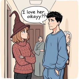 A woman in her early thirties with shoulder-length light brown hair, wearing a cozy cable knit sweater and a whimsical witch's hat, is engaged in a conversation with a man in his early thirties who has short black hair