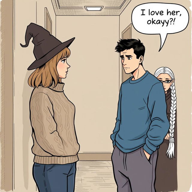 A woman in her early thirties with shoulder-length light brown hair, wearing a cozy cable knit sweater and a whimsical witch's hat, is engaged in a conversation with a man in his early thirties who has short black hair