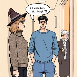 A woman in her early thirties with shoulder-length light brown hair, wearing a cozy cable knit sweater and a whimsical witch's hat, is engaged in a conversation with a man in his early thirties who has short black hair