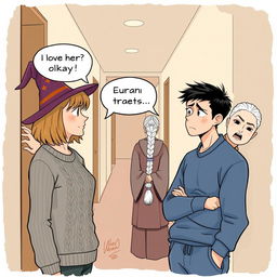 A scene depicting a woman in her early thirties with shoulder-length light brown hair wearing a stylish cable knit sweater and a whimsical witch’s hat, engaged in conversation with a man in his early thirties who has short black hair
