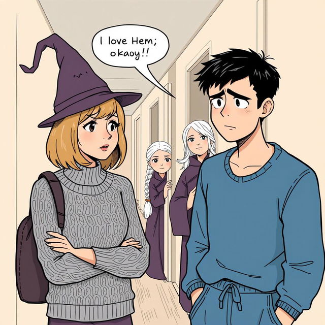 A scene depicting a woman in her early thirties with shoulder-length light brown hair wearing a stylish cable knit sweater and a whimsical witch’s hat, engaged in conversation with a man in his early thirties who has short black hair