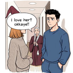 A scene depicting a woman in her early thirties with shoulder-length light brown hair wearing a stylish cable knit sweater and a whimsical witch’s hat, engaged in conversation with a man in his early thirties who has short black hair