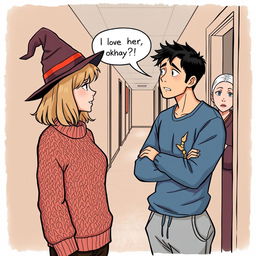 A scene depicting a woman in her early thirties with shoulder-length light brown hair wearing a stylish cable knit sweater and a whimsical witch’s hat, engaged in conversation with a man in his early thirties who has short black hair