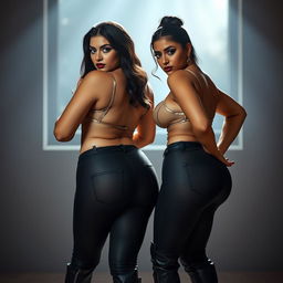 An enticing scene showcasing two young, curvy, busty milfs with stunning hourglass figures