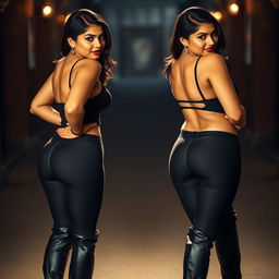 An enticing scene showcasing two young, curvy, busty milfs with stunning hourglass figures