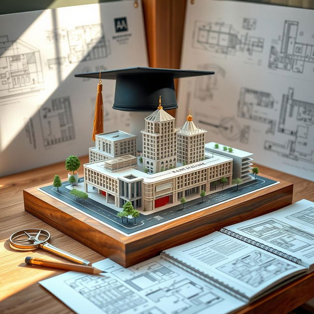 A beautifully designed graduation gift for architecture students, showcasing a premium architectural model kit, complete with intricate details like modern buildings and eco-friendly designs