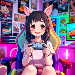 A cute girl with black hair and pink ears, holding a gamepad in her hands, sitting comfortably in a colorful gaming chair