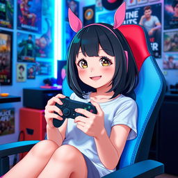 A cute girl with black hair and pink ears, holding a gamepad in her hands, sitting comfortably in a colorful gaming chair