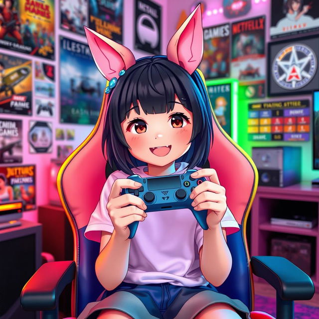 A cute girl with black hair and pink ears, holding a gamepad in her hands, sitting comfortably in a colorful gaming chair