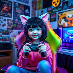 A cute girl with black hair and pink ears, holding a gamepad in her hands, sitting comfortably in a colorful gaming chair