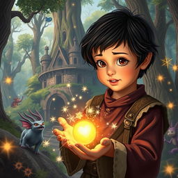 A young boy with dark hair, dressed in medieval attire, explores a vibrant fantasy world filled with magic