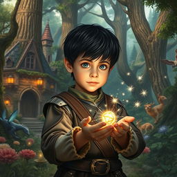 A young boy with dark hair, dressed in medieval attire, explores a vibrant fantasy world filled with magic