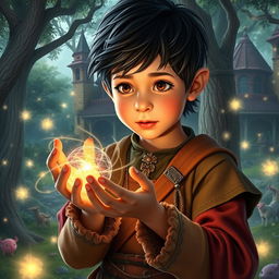 A young boy with dark hair, dressed in medieval attire, explores a vibrant fantasy world filled with magic