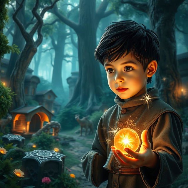 A young boy with dark hair, dressed in medieval attire, explores a vibrant fantasy world filled with magic