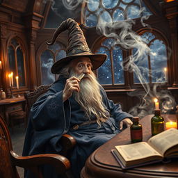 An old man in flowing wizard robes and a tall wizard hat is seen lounging in a fantasy dining room, filled with intricate wooden furniture and mystical decor