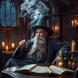 An old man in flowing wizard robes and a tall wizard hat is seen lounging in a fantasy dining room, filled with intricate wooden furniture and mystical decor