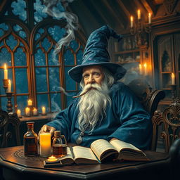 An old man in flowing wizard robes and a tall wizard hat is seen lounging in a fantasy dining room, filled with intricate wooden furniture and mystical decor