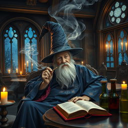An old man in flowing wizard robes and a tall wizard hat is seen lounging in a fantasy dining room, filled with intricate wooden furniture and mystical decor