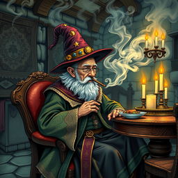 An old man in elaborate wizard robes and a classic wizard hat, sitting comfortably in a fantasy dining room