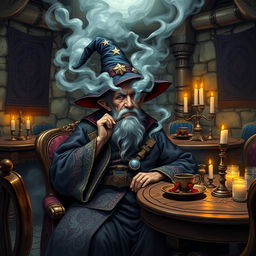 An old man in elaborate wizard robes and a classic wizard hat, sitting comfortably in a fantasy dining room