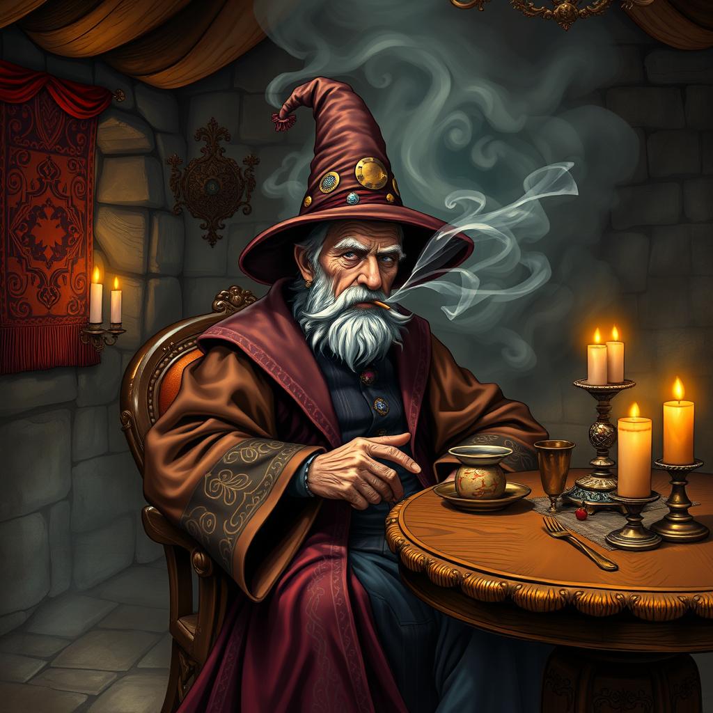 An old man in elaborate wizard robes and a classic wizard hat, sitting comfortably in a fantasy dining room