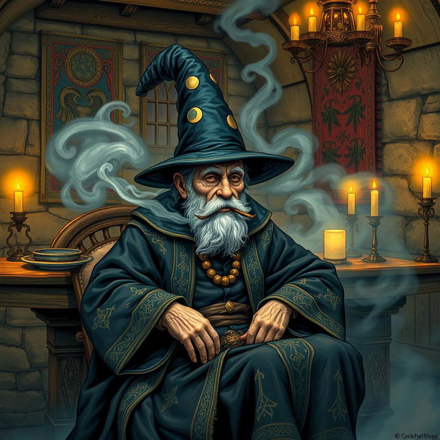 An old man in elaborate wizard robes and a classic wizard hat, sitting comfortably in a fantasy dining room