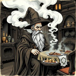 An old man wearing flowing, ornate wizard robes and a tall, pointed wizard hat, his long white beard prominently displayed