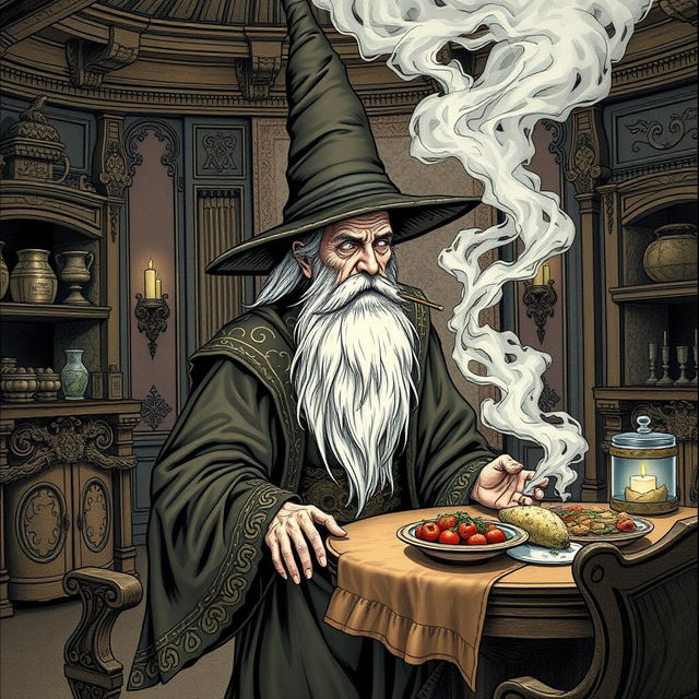 An old man wearing flowing, ornate wizard robes and a tall, pointed wizard hat, his long white beard prominently displayed