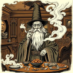 An old man wearing flowing, ornate wizard robes and a tall, pointed wizard hat, his long white beard prominently displayed