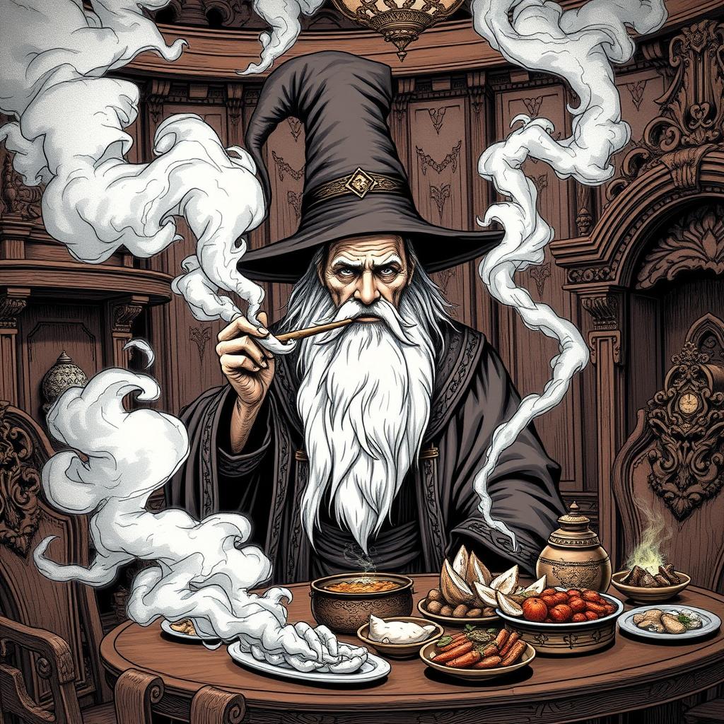 An old man wearing flowing, ornate wizard robes and a tall, pointed wizard hat, his long white beard prominently displayed