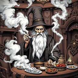 An old man wearing flowing, ornate wizard robes and a tall, pointed wizard hat, his long white beard prominently displayed