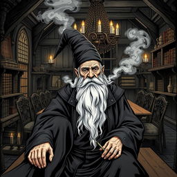 An old man dressed in elaborate wizard robes and a tall pointed wizard hat, with a long, flowing white beard, sitting in a fantasy dining room