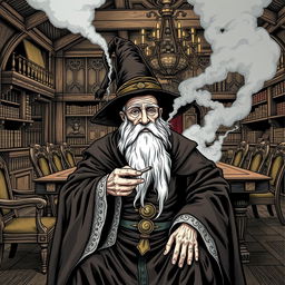 An old man dressed in elaborate wizard robes and a tall pointed wizard hat, with a long, flowing white beard, sitting in a fantasy dining room