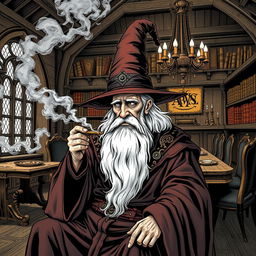 An old man dressed in elaborate wizard robes and a tall pointed wizard hat, with a long, flowing white beard, sitting in a fantasy dining room