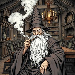 An old man dressed in elaborate wizard robes and a tall pointed wizard hat, with a long, flowing white beard, sitting in a fantasy dining room
