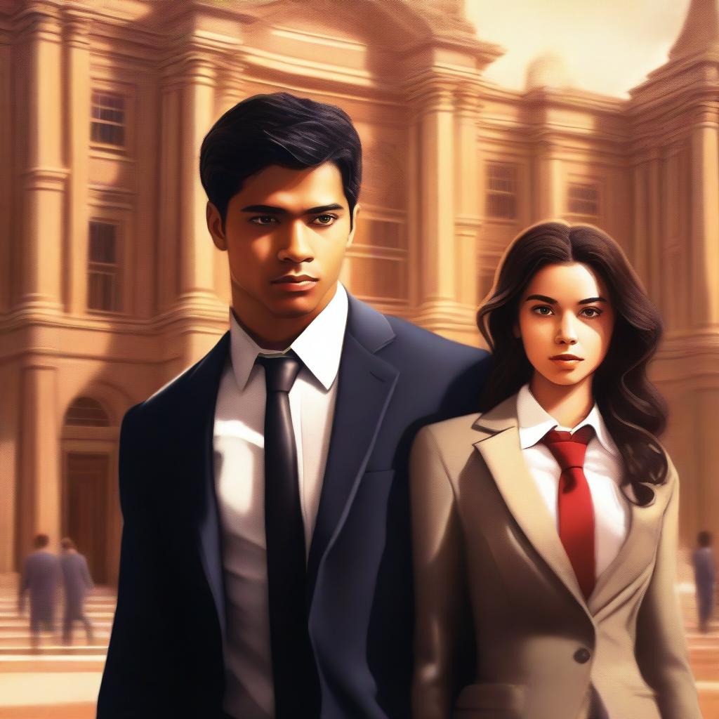 An enticing digital art of a book cover portraying a guarded female student and a suave male student in a university campus