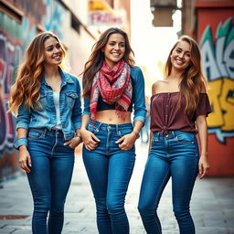 Three attractive young women standing together, each wearing stylish, tight blue jeans that accentuate their figures