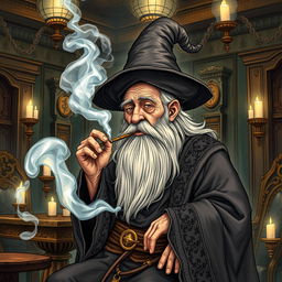 An old man dressed in ornate wizard robes and a large wizard hat, with a long flowing beard, is smoking a joint